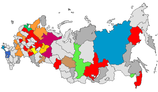 Fig. 4. Geographic distribution of RT-PCR detected influenza viruses in cities under surveillance in Russia, week 10 of 2026